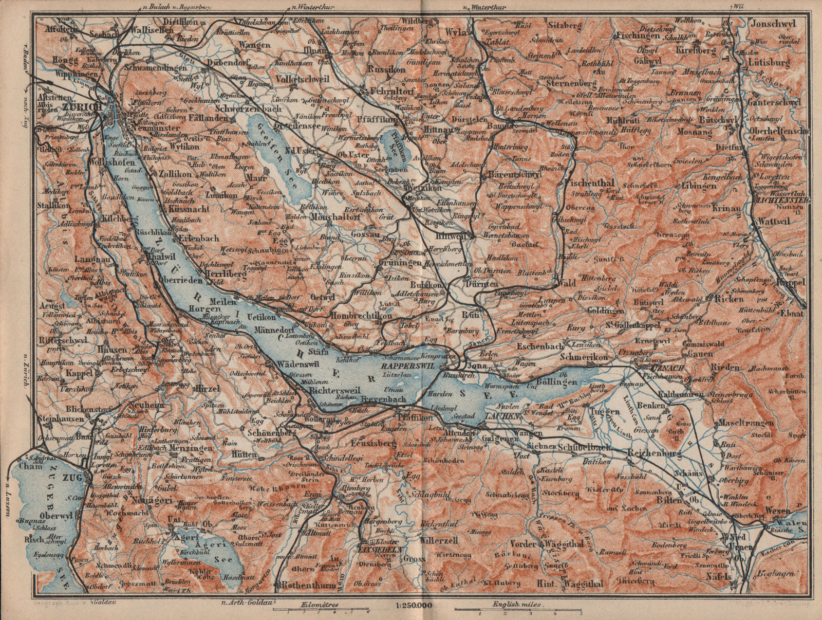 LAKE ZÜRICH. Zuricher See Lachen Utznach.Topo-map. Switzerland Schweiz 1905